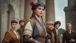 the woman is standing in front of the men wearing old outfits