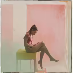 a beautiful young woman sitting on top of a yellow stool