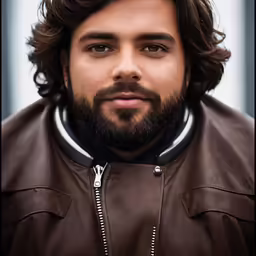 the young man is dressed in a leather jacket
