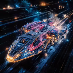 a futuristic vehicle is shown flying over a city