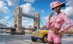 a woman in pink on a phone by a yellow car