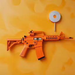 an orange toy gun sitting on a yellow table