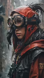 a woman wearing an open helmet and goggles