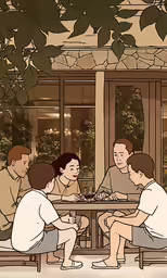 four people sitting at a table with drinks on them