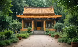a pagoda with a brown roof sitting in the middle of a forest