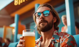 a man in sunglasses sitting at a restaurant with a beer