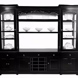 black wooden entertainment center with glass doors and cupboards