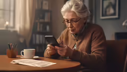 a woman sitting at a table looking at a cellphone
