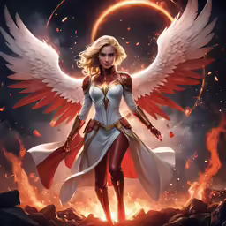 the illustration shows an angel with wings and dress