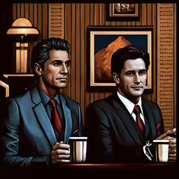two men in suits sit next to each other holding cups