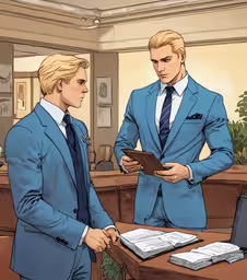 two men in suits are standing near each other and looking at an object on the desk,two young men are standing next to each other in the courtroom