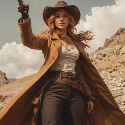 the woman is wearing brown jacket and holding a gun