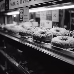 several donuts and muffins on display in a store