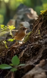 a bird is sitting in the middle of the woods