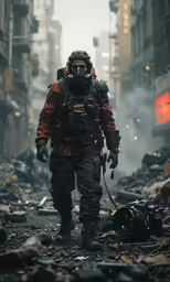 man in orange military uniform walking through rubble