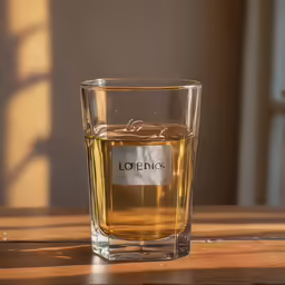 a glass on the table is sitting next to a bottle