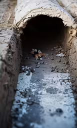 a large pipe lying on top of a dirt ground