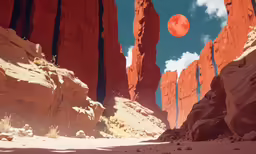 there is a red eclipse above the rocky landscape