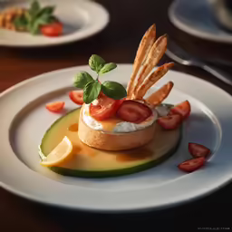 dessert, with fruits and herbs garnished, sits on a white plate