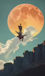 two people are sitting on horses looking at the moon