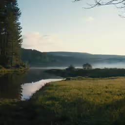 the mist is hanging from the trees over the river