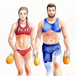 the two females are walking with apples and a ball,a watercolor illustration of two people holding oranges,two people are walking down a street while holding oranges,an image of man and woman wearing swim suits,a man and woman wearing matching underwear, with oranges