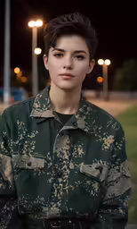 a woman dressed in camouflage stands under the street lamps