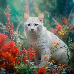 a white cat that is sitting in some flowers