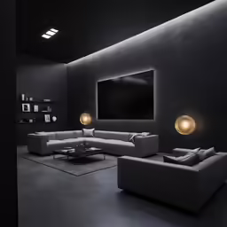 an empty living room with some lighting in it