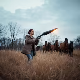 a woman holding a rifle while standing in a field