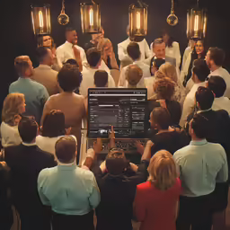 group of people standing together while one person uses an electronic device