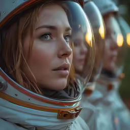 the female astronauts with helmets are staring to the left