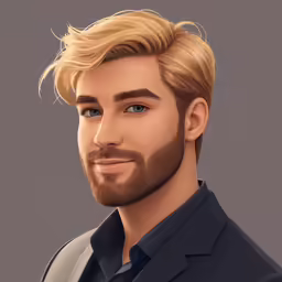 the head and shoulders of a young man with blonde hair and beard, and blue shirt