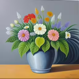 a painting of various types of flowers in a vase,there is a painting of flowers in a vase