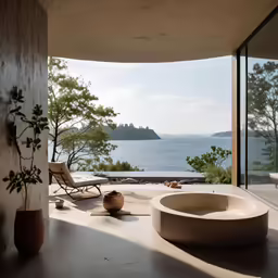 a bathtub sits in the middle of a room overlooking the water