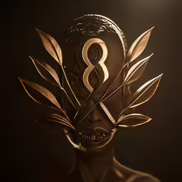 the head and shoulders of a sculpture with a gold number 8 and leaves on it
