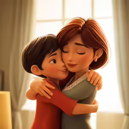 the disney characters hugging each other, with a window behind them