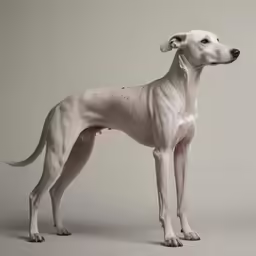 a white dog standing on top of a grey floor