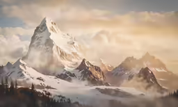 snowy mountain with snow capped peaks on cloudy day