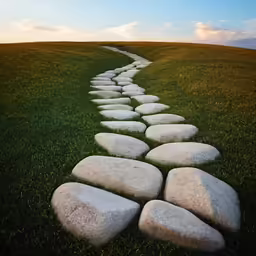 a stone path through the middle of a grass covered field