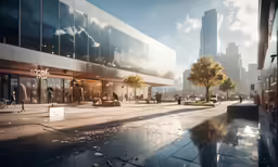 a futuristic city street and water reflection
