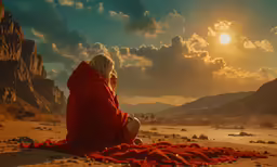 an elderly man dressed in red sitting on the desert at sunset