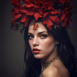 a woman with flowers in her hair looks intently to the left