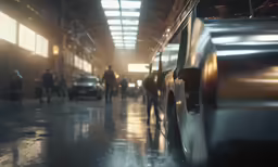 cars in the building with people walking past