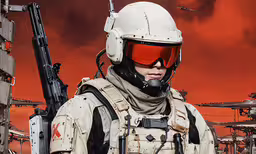 a man wearing gas mask with the machine gun in hand,a soldier with a machine gun and safety gear