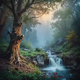a painting of a small river in the woods