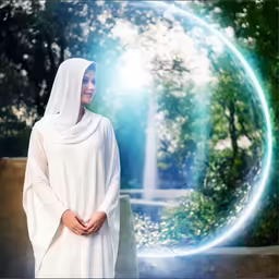 a woman in a white robe stands near a water fountain