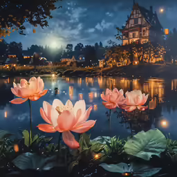 large pink flowers sitting next to a lake and surrounded by greenery