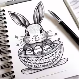 some pens sitting next to an opened spiral bound notebook,an inking picture of a bunny sitting in a bowl of eggs,an open notebook with pencil and drawings on it,a drawing of a rabbit and eggs sitting in a bowl,a pen drawing of a bunny in a basket