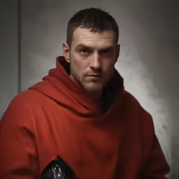 the man is wearing a red jacket and looking away from the camera